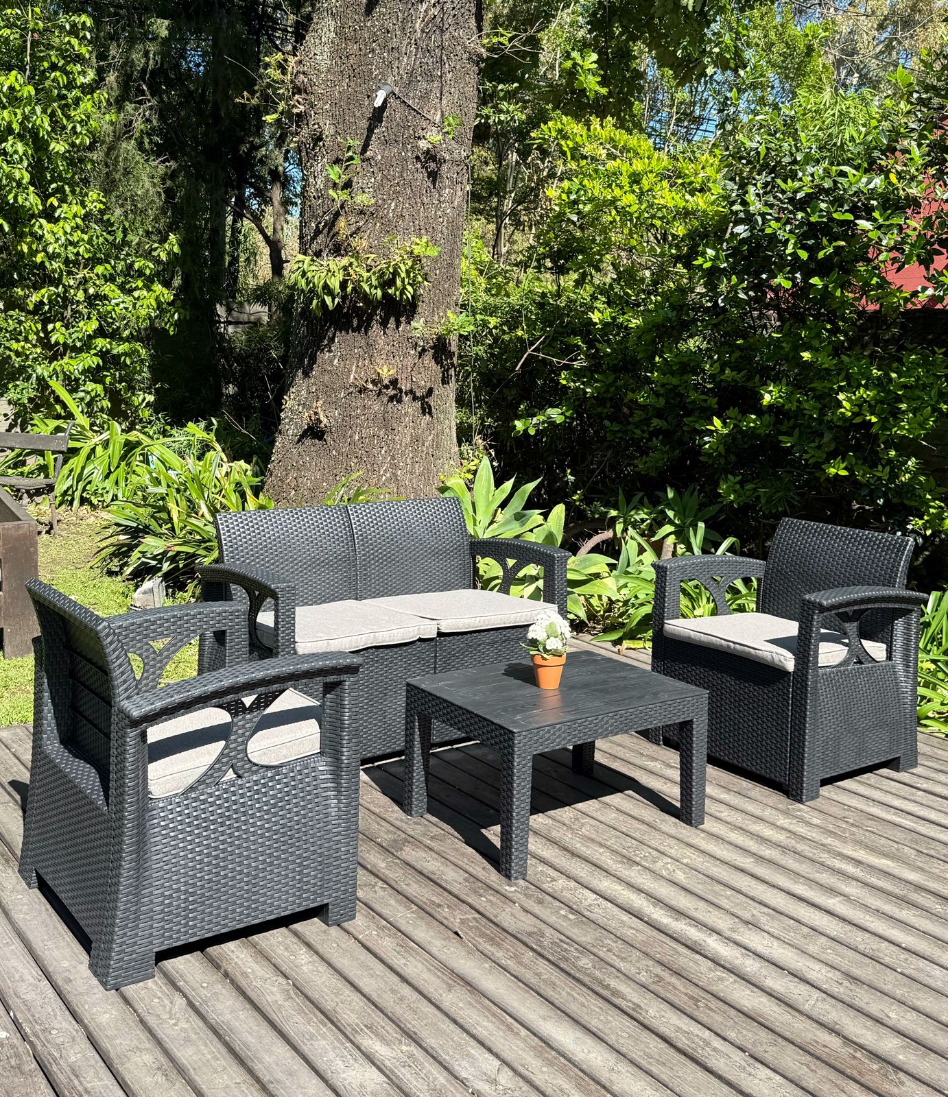 Juego Mesa Y Sillas Simil Rattan Exterior Apoyabrazos Decorado