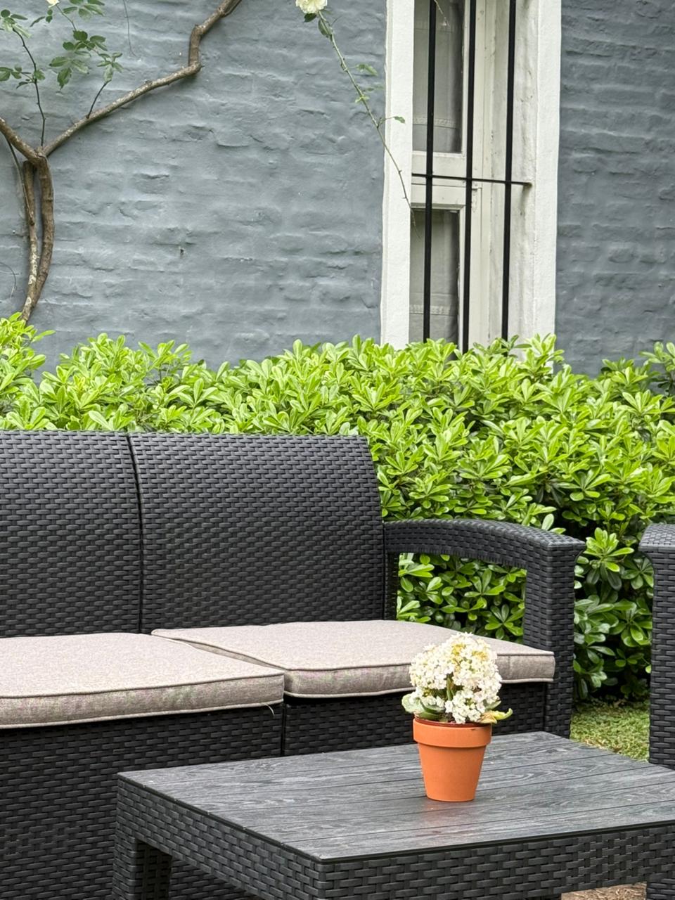 Juego Mesa Y Sillas Simil Rattan Exterior Apoyabrazos Recto